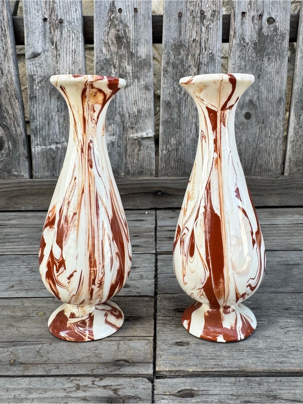 Vintage Marbled Swirl Clay Bud Vases Set of 2 MCM Native Art Pottery Red White